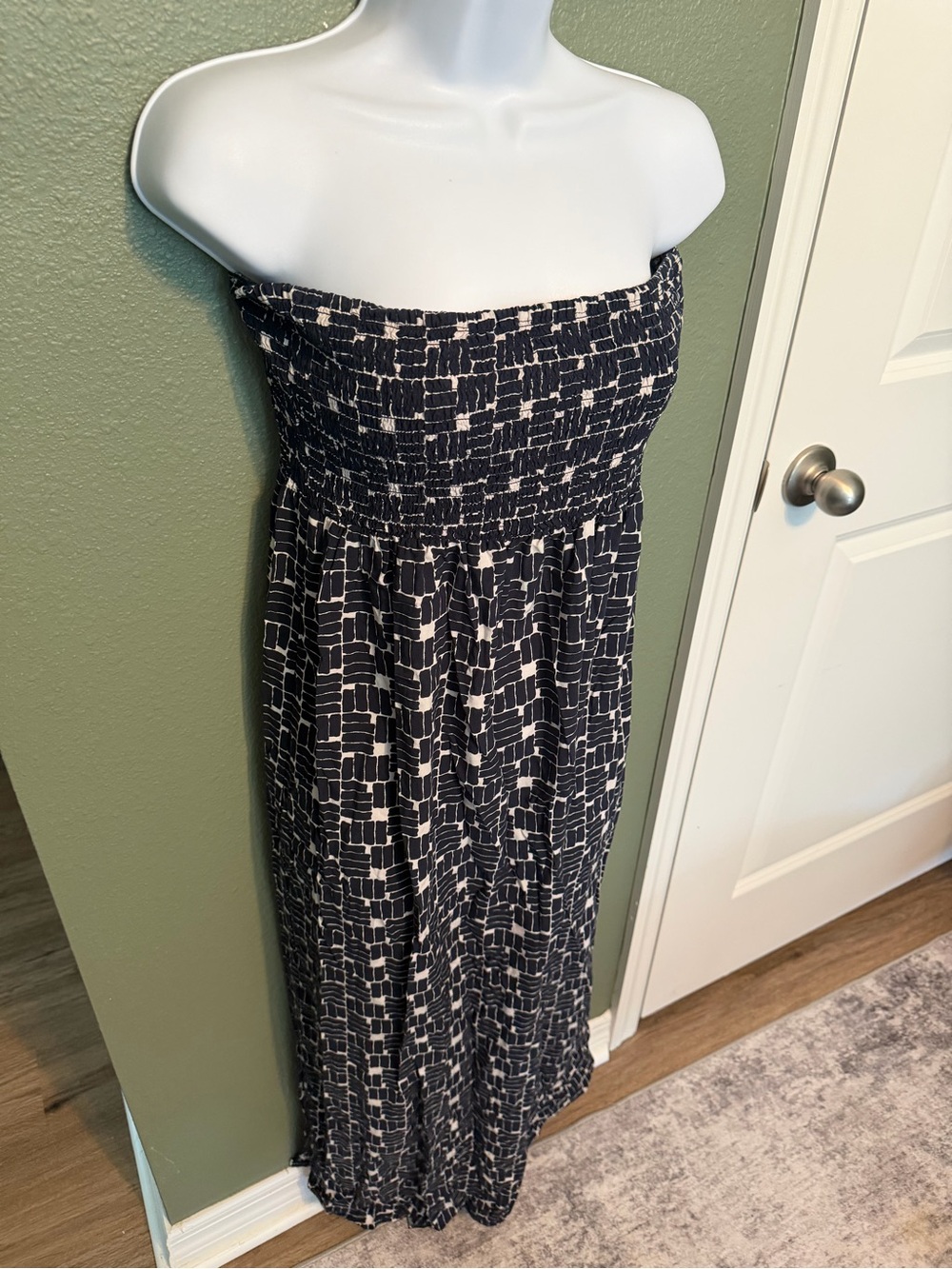 Strapless Navy and White Patterned Maxi Dress
